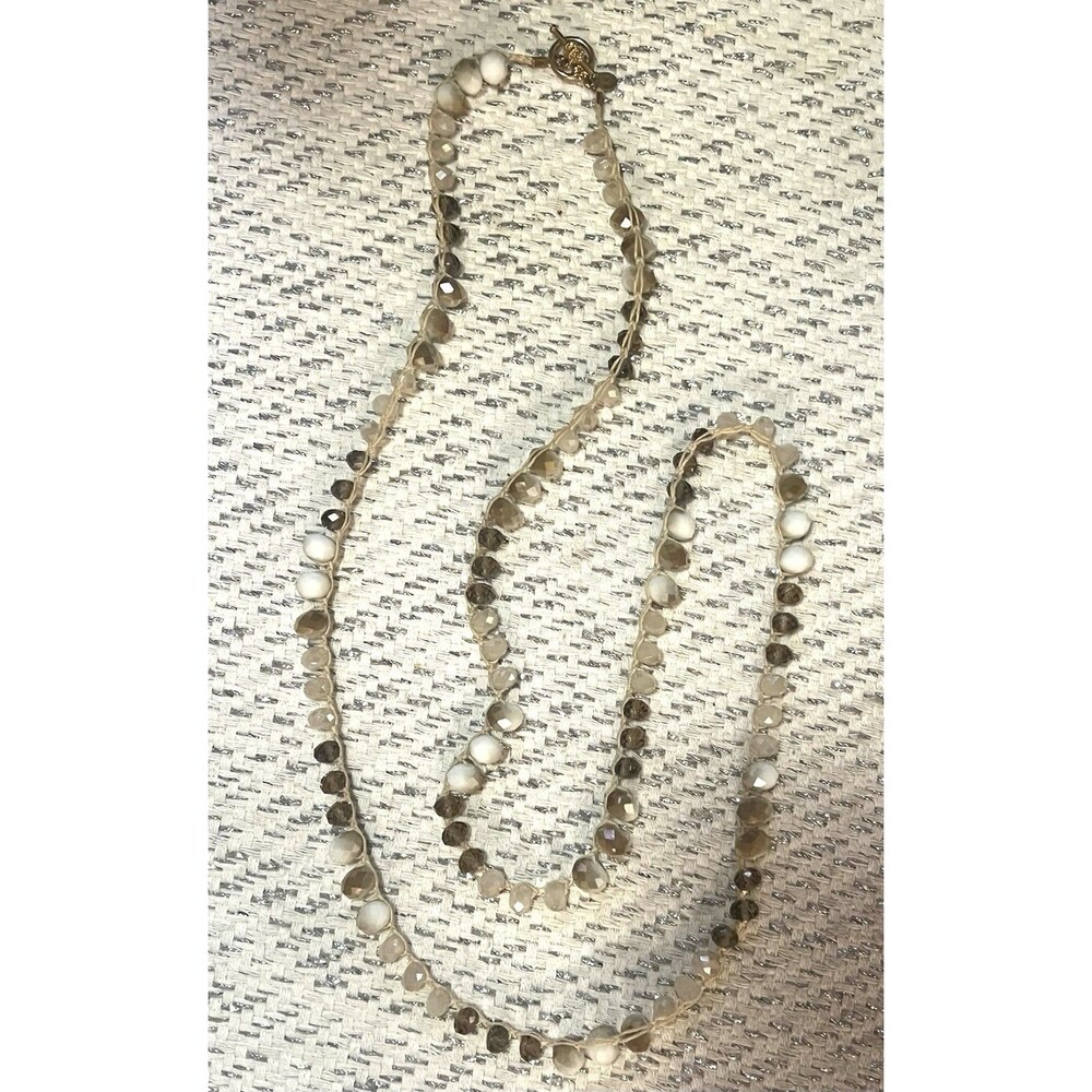 An Old Soul Artisan HandKnotted 40” Necklace Cut Mother of Pearl, Smokey Quartz